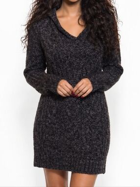 ❤️ St. John's Bay Sweater Dress Charcoal Gray S Hooded Split Neck Mini Cabincore
